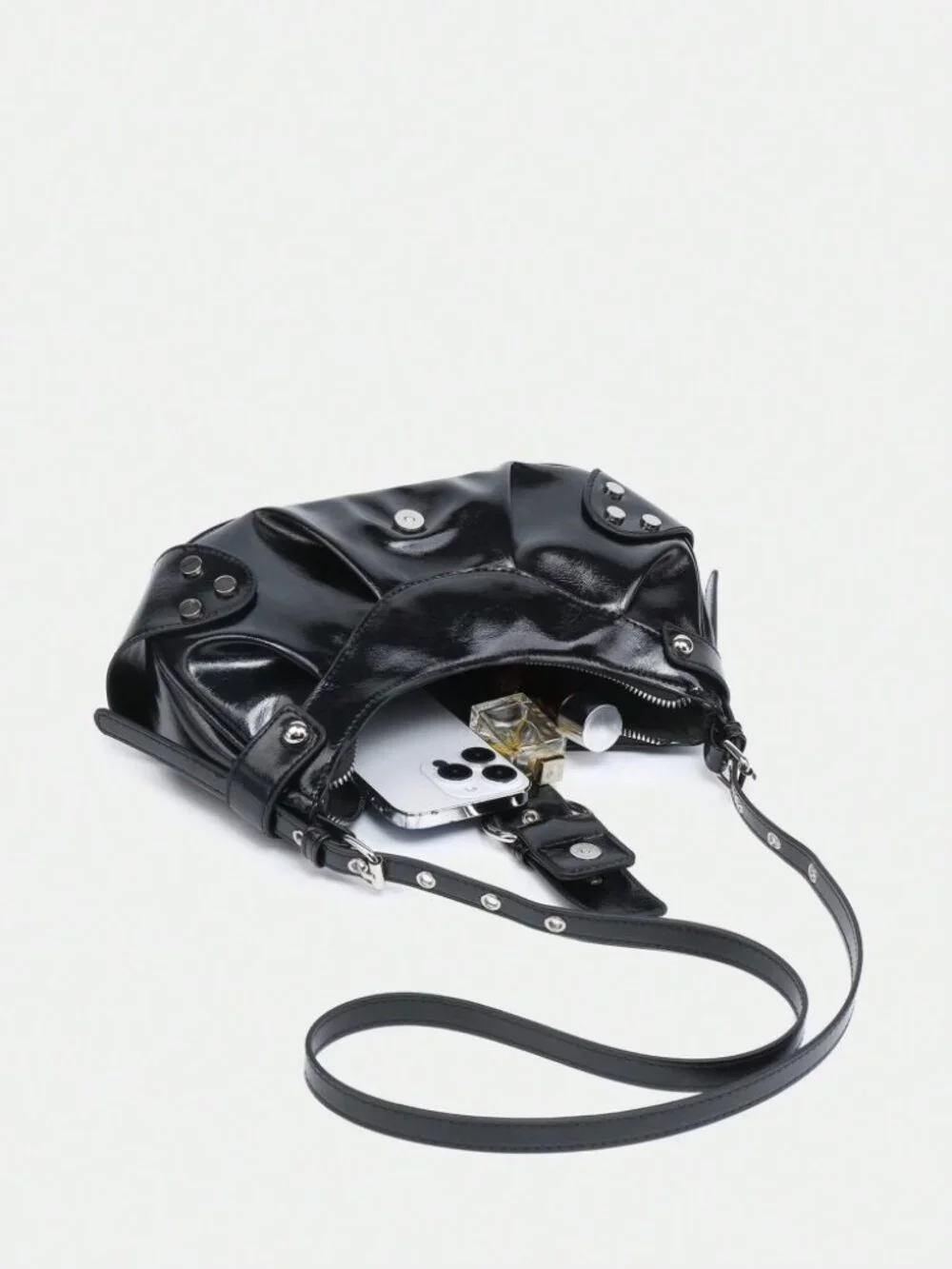 Black Studded Y2K Baguette Bag Vegan Leather Zip Top Handle Purse